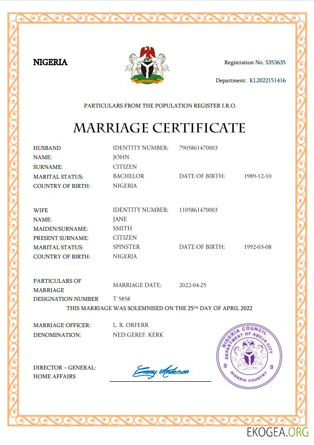 Modèle Word et PDF de certificat de mariage du Nigéria